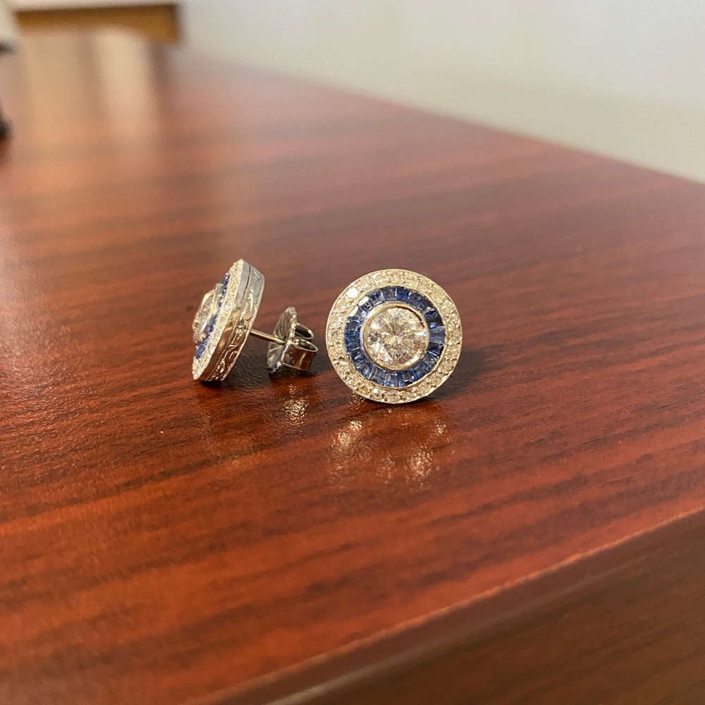 Vintage Platinum 2.70ctw Diamond & Sapphire Halo Earrings - Picture 4 of 10